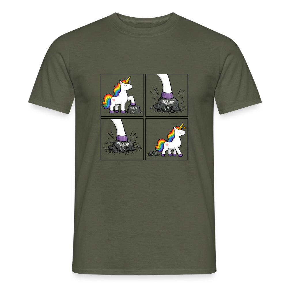 Männer T-Shirt Rainbow Unicorn Comic T-Shirt – Minimalistisches Statement Shirt mit Regenbogen Einhorn - Militärgrün