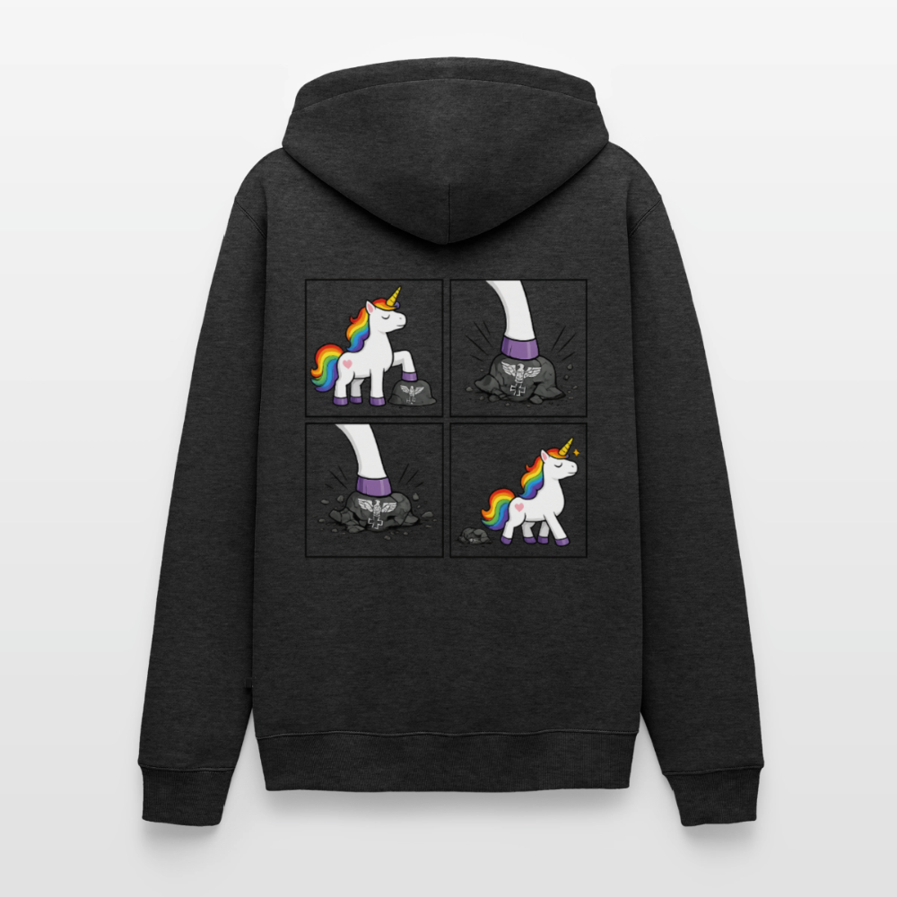Männer Premium Regenbogen Einhorn Comic Hoodie – Statement Streetwear Unicorn zerstampft Helm – Bunter Oversize Hoodie - Anthrazit meliert