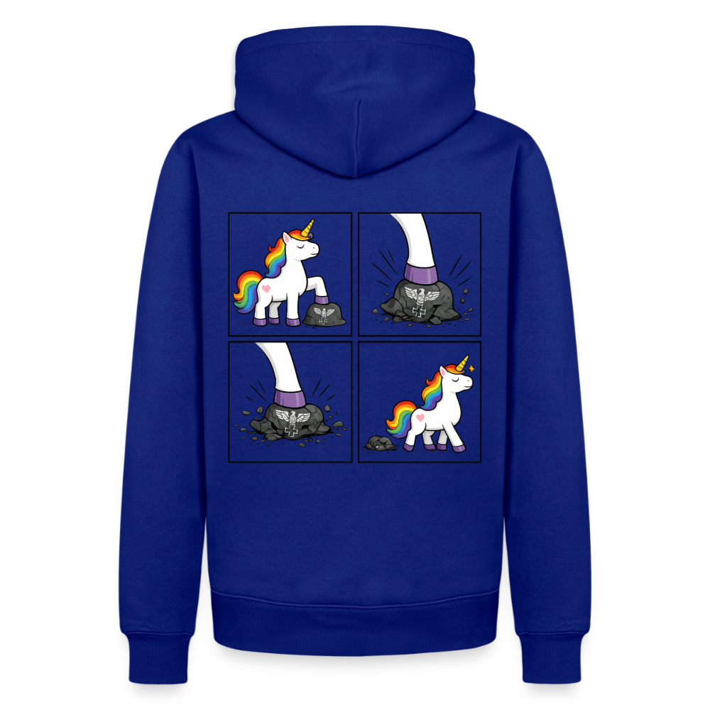 Männer Premium Regenbogen Einhorn Comic Hoodie – Statement Streetwear Unicorn zerstampft Helm – Bunter Oversize Hoodie - Royalblau