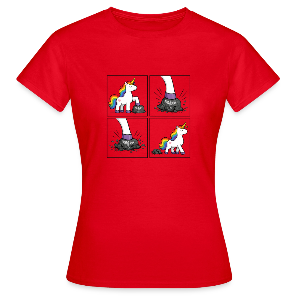 Frauen Rainbow Unicorn Comic T-Shirt – Minimalistisches Statement Shirt mit Regenbogen Einhorn - Rot