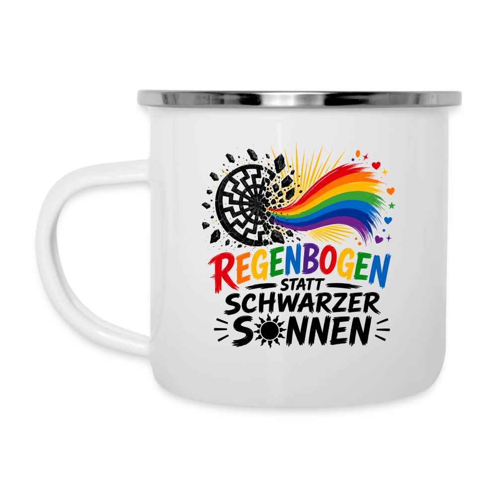 Emaille-Tasse -  Regenbogen statt schwarzer Sonnen - Weiß