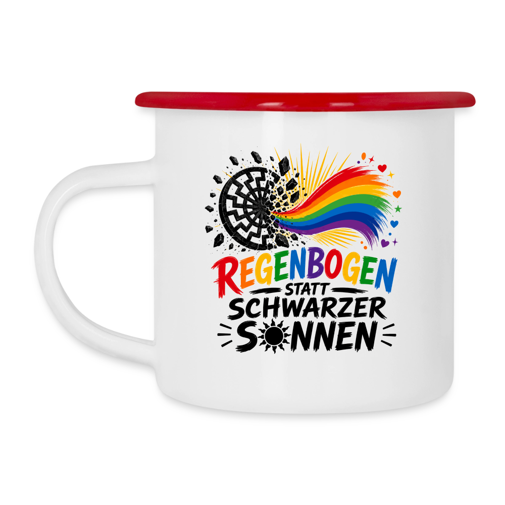 Emaille-Tasse -  Regenbogen statt schwarzer Sonnen - Weiß/Rot