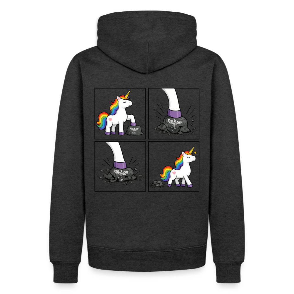 Männer Premium Regenbogen Einhorn Comic Hoodie – Statement Streetwear Unicorn zerstampft Helm – Bunter Oversize Hoodie - Anthrazit meliert