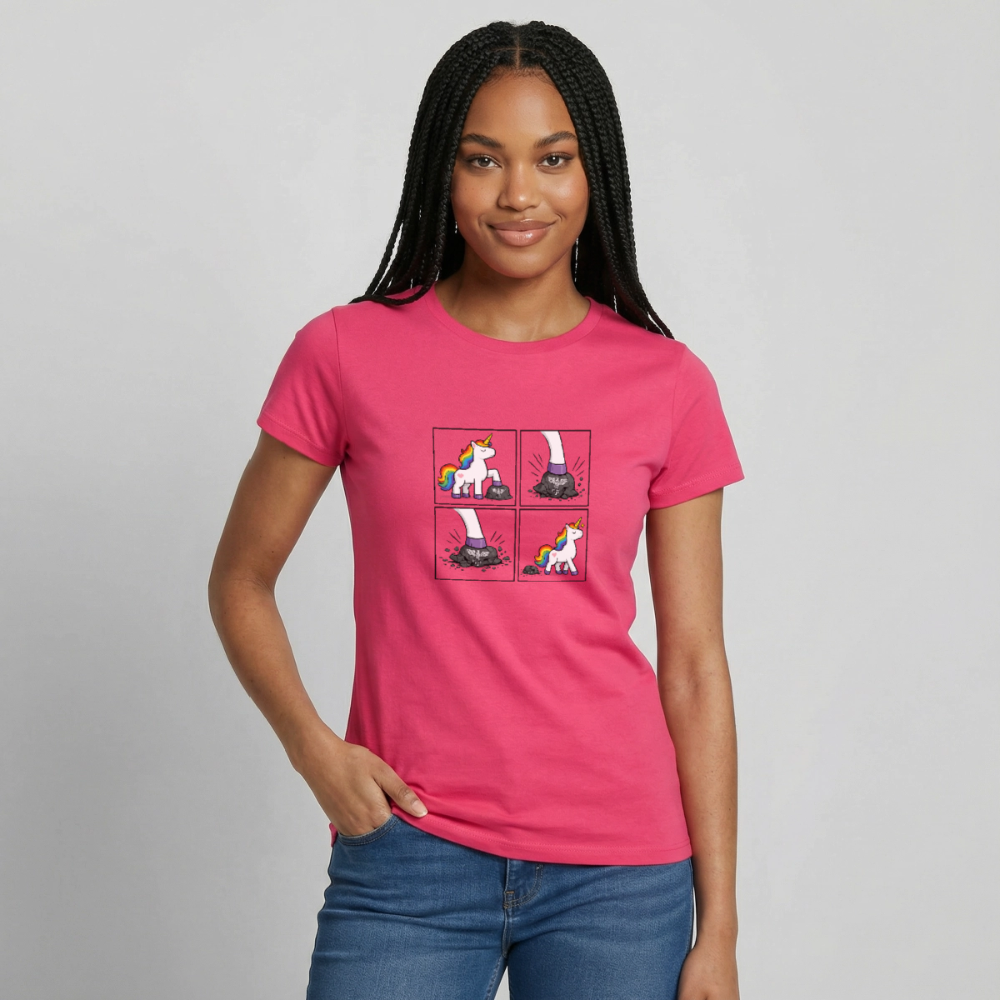 Frauen Rainbow Unicorn Comic T-Shirt – Minimalistisches Statement Shirt mit Regenbogen Einhorn - Azalea