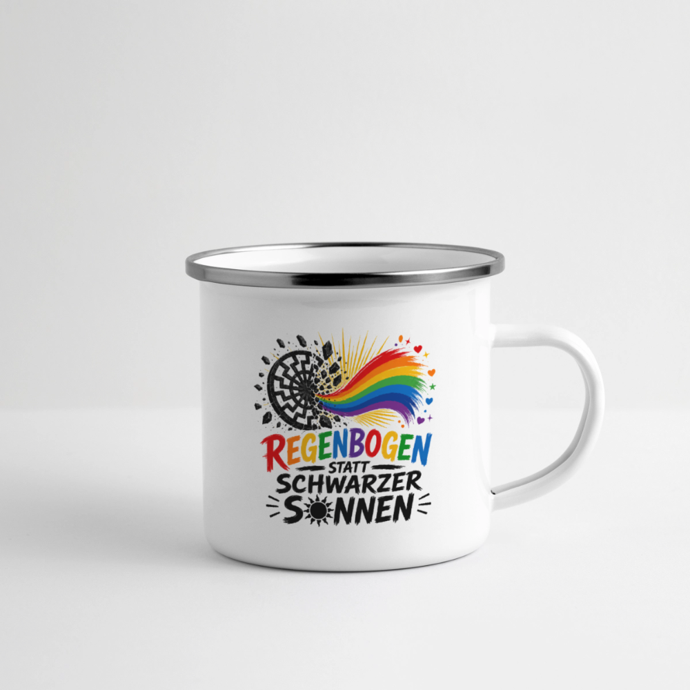 Emaille-Tasse -  Regenbogen statt schwarzer Sonnen - Weiß