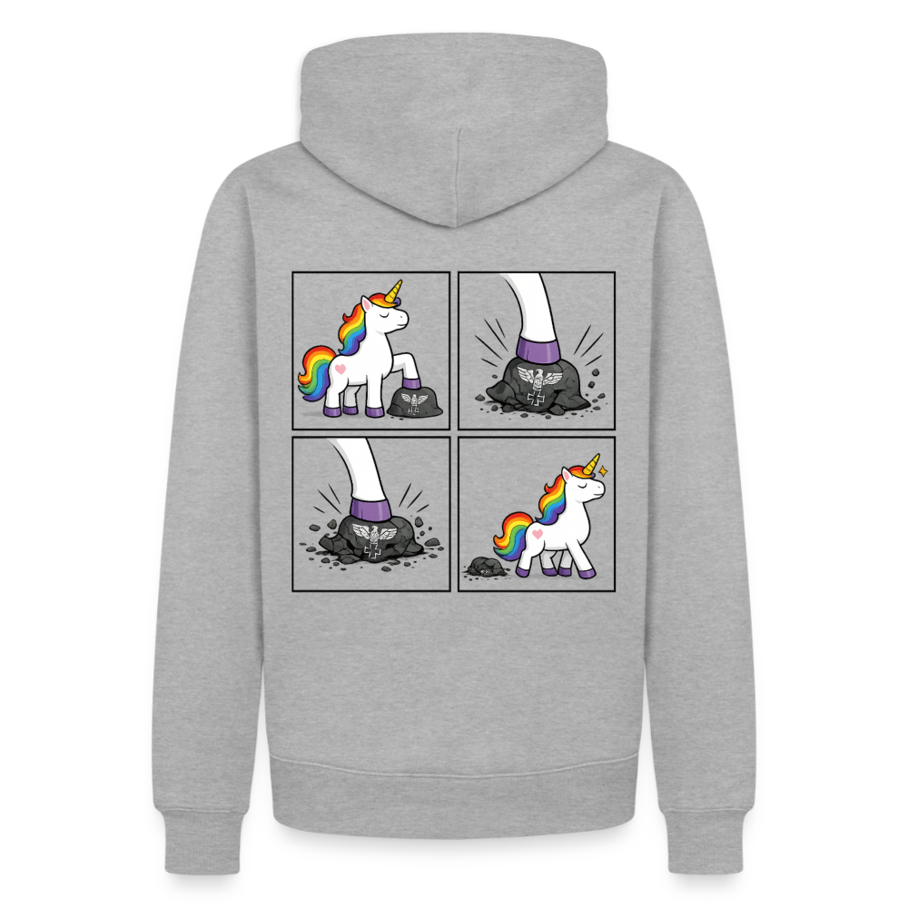 Männer Premium Regenbogen Einhorn Comic Hoodie – Statement Streetwear Unicorn zerstampft Helm – Bunter Oversize Hoodie - Grau meliert