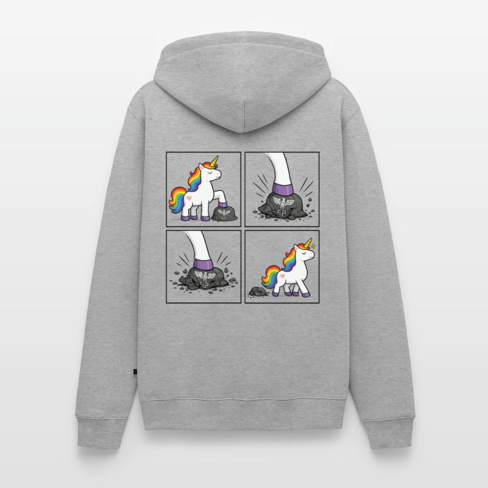 Männer Premium Regenbogen Einhorn Comic Hoodie – Statement Streetwear Unicorn zerstampft Helm – Bunter Oversize Hoodie - Grau meliert